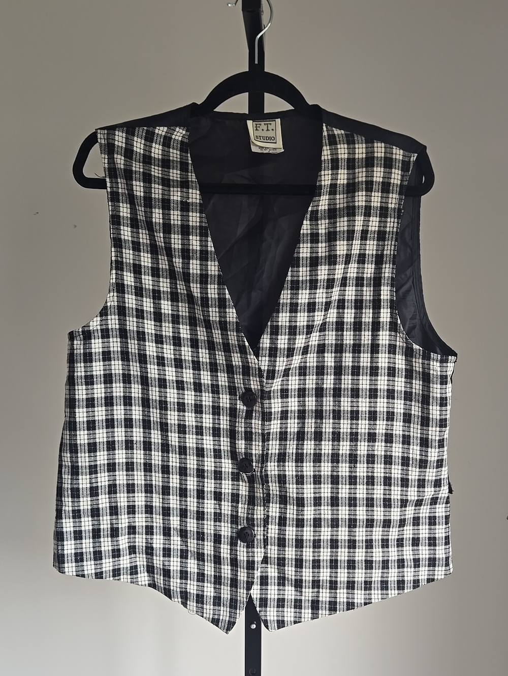 Vintage F.T. Studio Black & White Plaid Button Vest